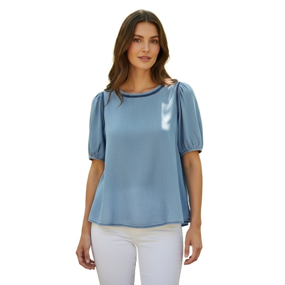 Romantic 100% Lyocell Chambray Puff Sleeve Top E&M Button Bck Blue S Cottagecore
